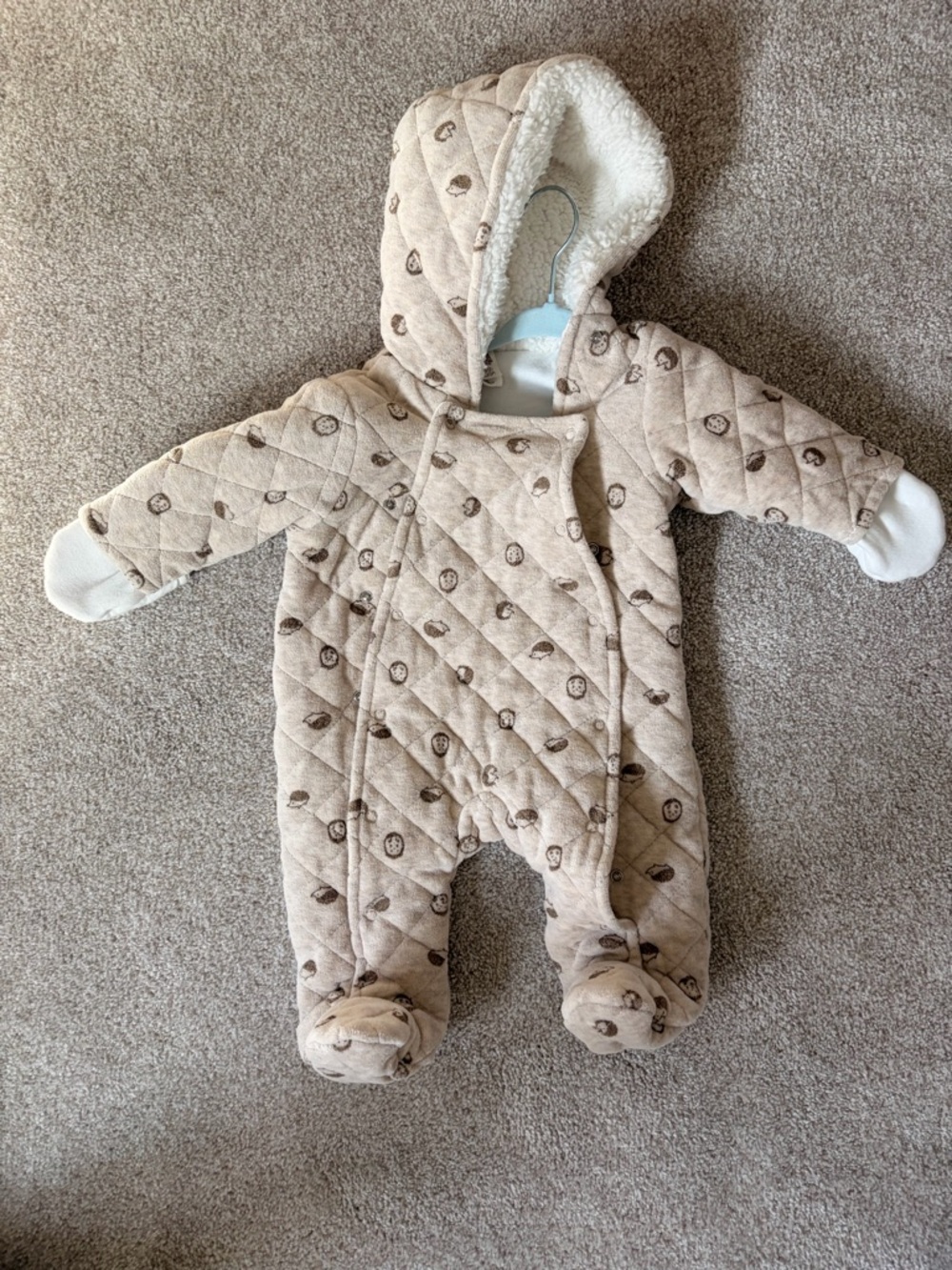Beige Quilted Hooded Baby One-Piece Snowsuit